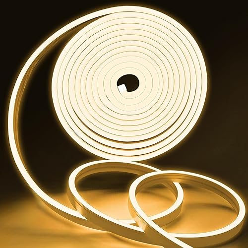 MMEEVT Tira de luces LED de neón, tira de luz de neón blanca cálida de 16.4 pies, luces LED flexibles e impermeables, luces de neón de silicona para
