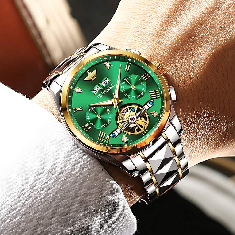 OUPINKE Herrenuhren Automatik Skelett Mechanische Armbanduhr mit Diamanten Tourbillon Wasserdicht Luminous Tag Datum Schwarz Edelstahlarmband