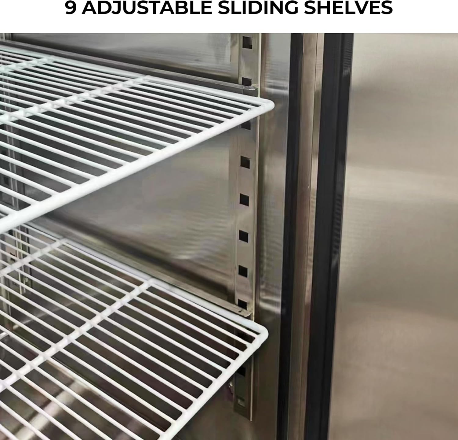 Close-up view of the adjustable PE-coated steel shelves inside the commercial refrigerator/freezer.