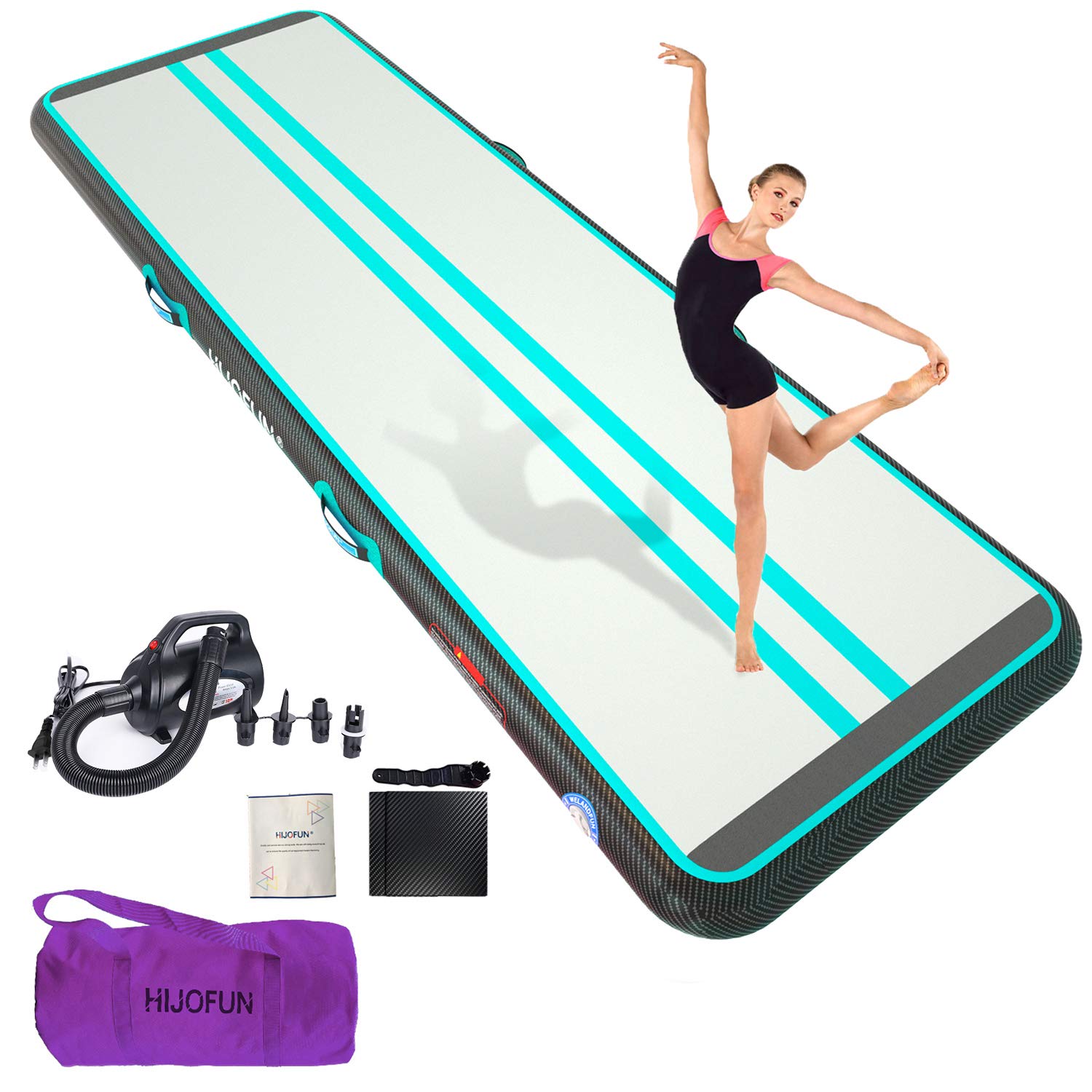 HIJOFUN Premium Air Mat Track 6.6ftx3.3ftx4in Gymnastics Tumbling Mat Inflatable Tumble Track with 650W Electric Air Pump for Home Kids,Gym,Yoga,Training,Indoor,Outdoor,Beach,Park Green Black