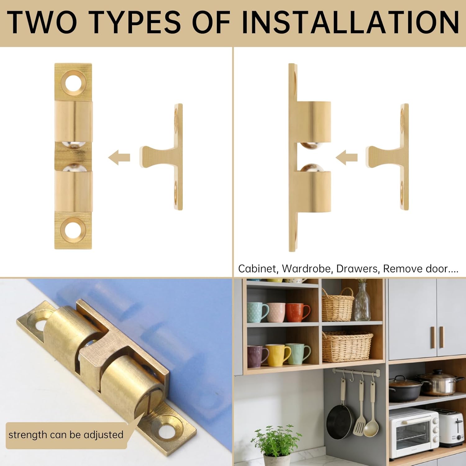 12Pcs Double Ball Tension Roller Catch Latch for Cabinet,60 mm Solid Brass Closet Door Catch Hardware with Gold Screws and Tape for Kitchen Cabinet Closet Furniture Doors (Gold, 60mm)