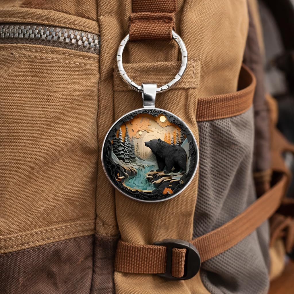 SUPAC 1pc Unique Bear With Forest Background Shaped Metal Keychain - Fashionable Circular Animal Keyring for Men and Friends image 2