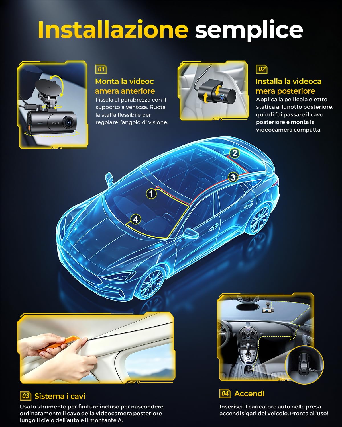 GKU Dashcam Auto Anteriore Posteriore 4K con STARVIS 2, Dash Cam Auto | 3" Schermo IPS, WiFi 6, GPS, registrazione loop, registrazione pre-collisione, supporta 512 GB Max