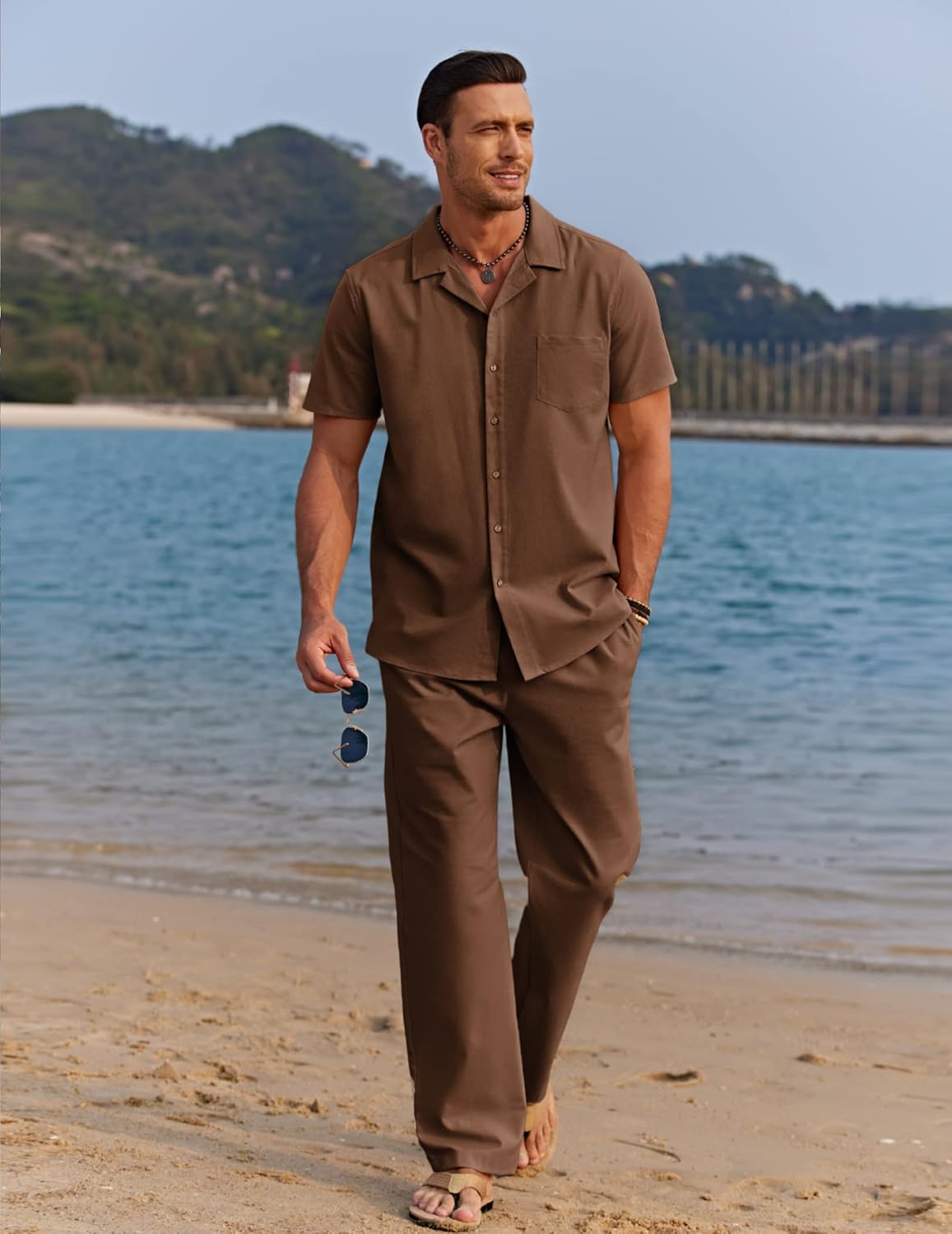 COOFANDY Men 2 Piece Linen Outfit Beach Button Down Shirt Casual Loose Pant Sets - Image 3