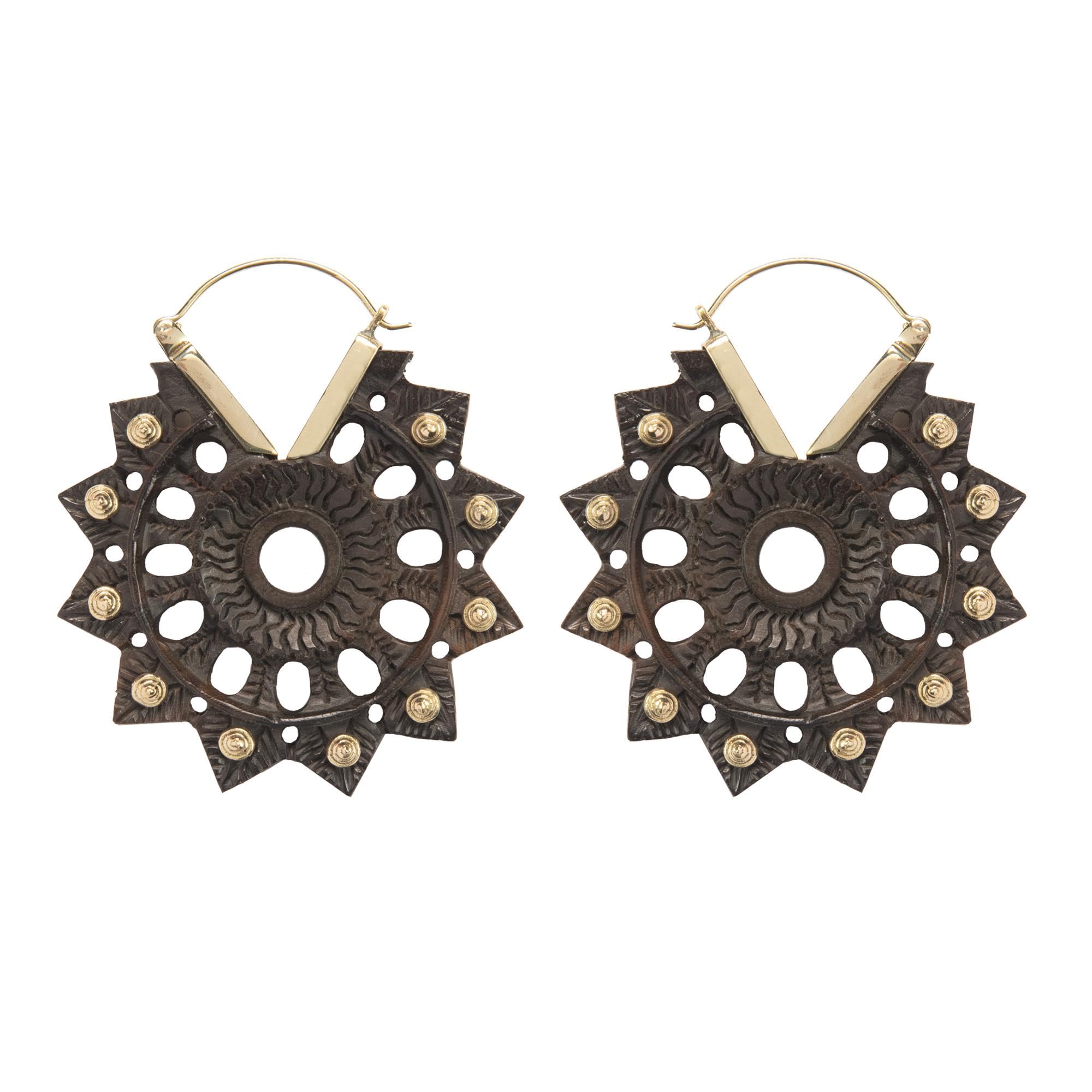 81stgeneration Pendientes de Mujer Latón Dorado Madera Étnicos Hindúes Mandala Sol Hindú