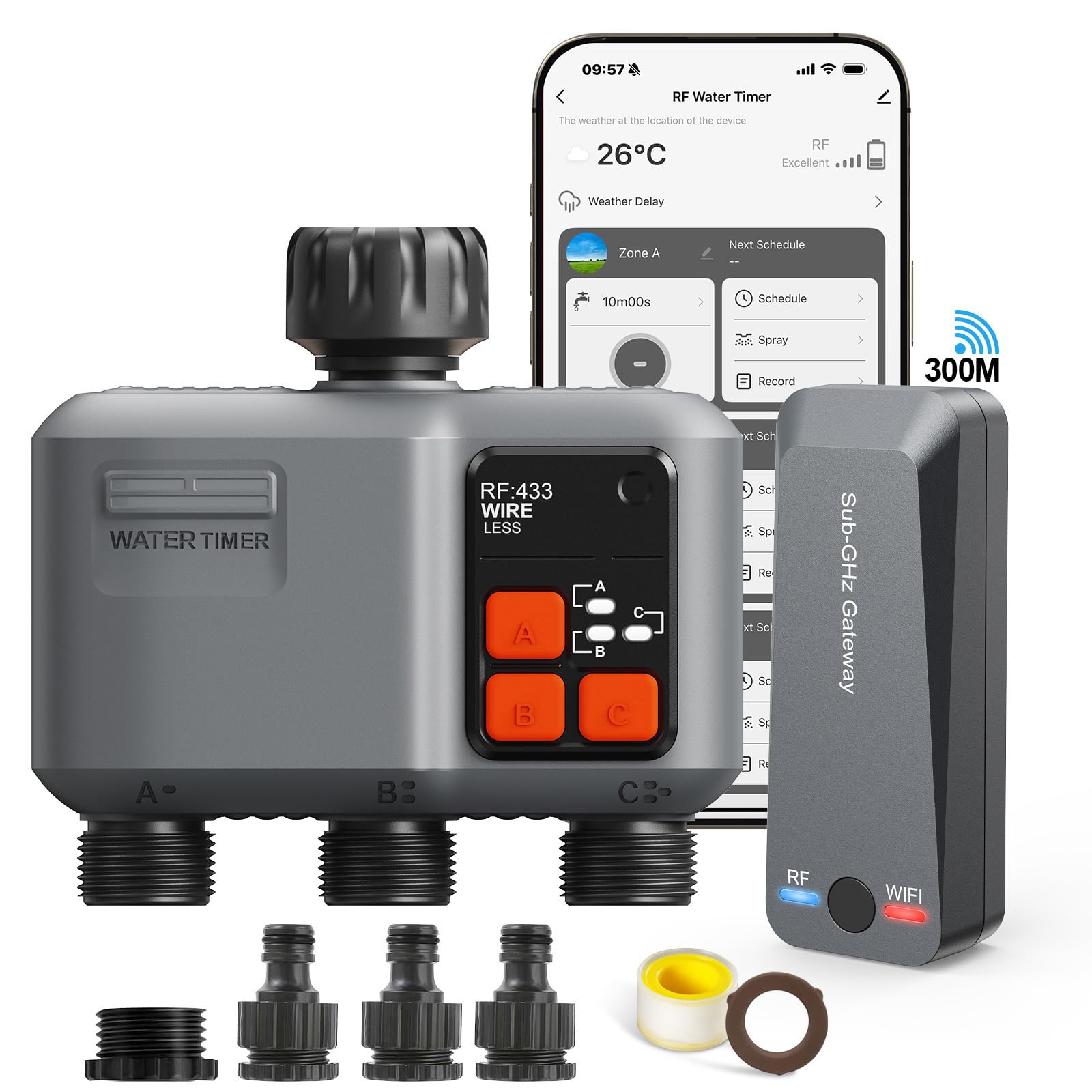 johgee Smart WiFi 3-Zone Irrigation Timer connected to an outdoor faucet with three hoses attached.