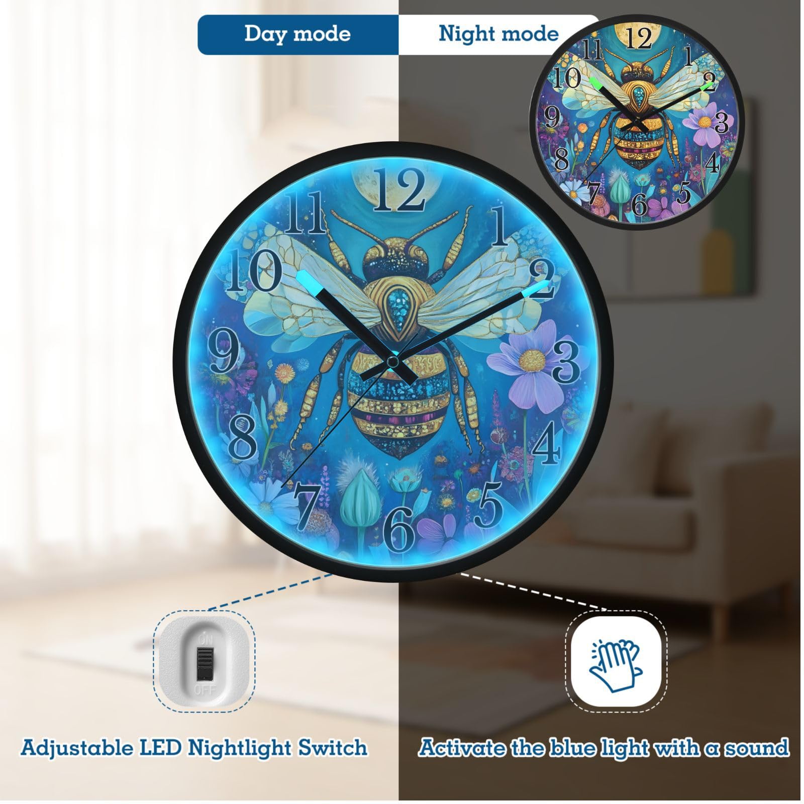 Mnsruu Reloj de pared luminoso con diseño de abeja y luna y flores, funciona con pilas, silencioso, brilla en la oscuridad, para sala de estar, cocina, 12 pulgadas