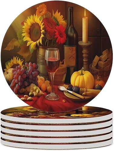 Miniatura 39 de Round-4 posavasos de cerámica para vino tinto, posavasos redondos absorbentes para bebidas, estilo vintage de madera, vino tinto, uvas, frutas y