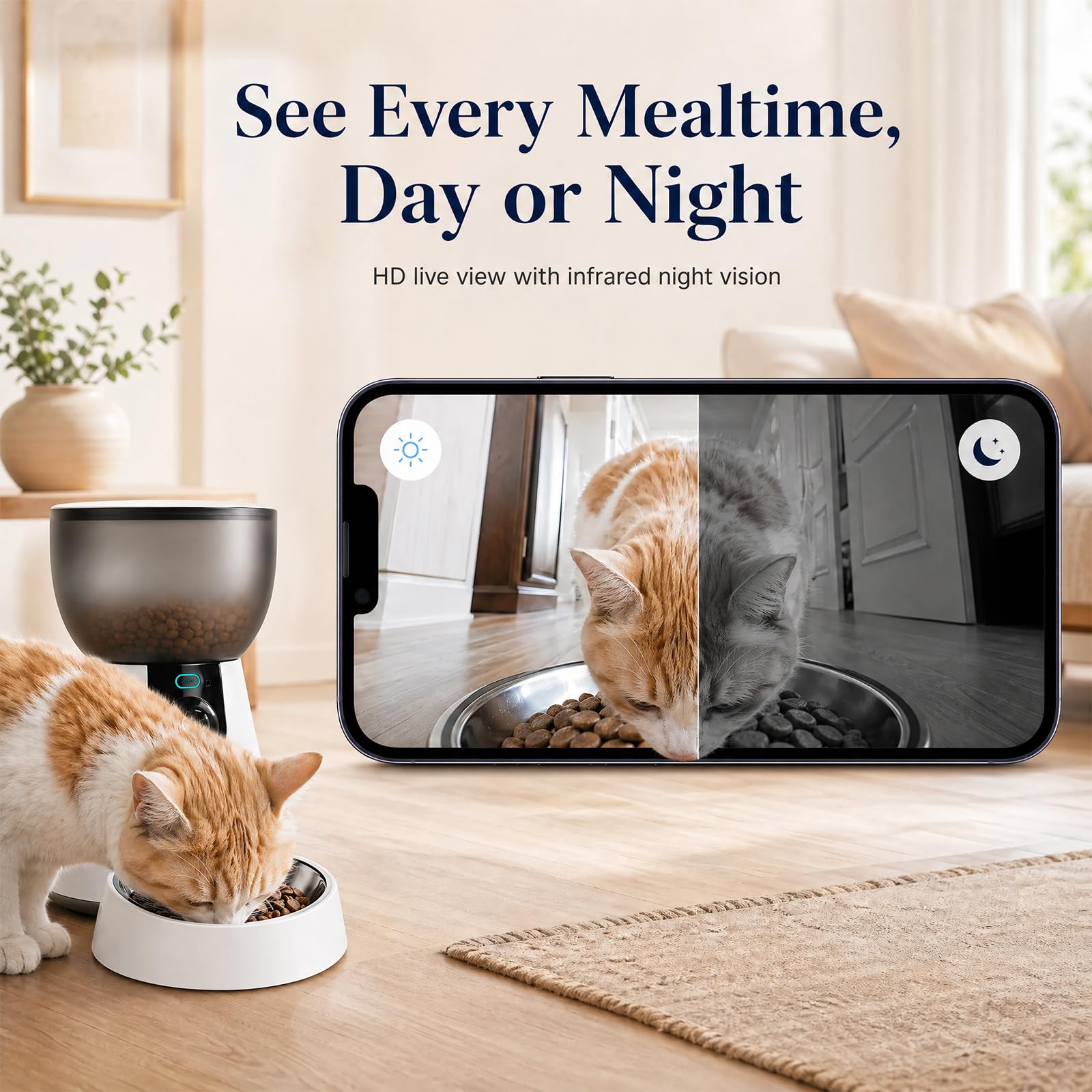 Podazz Distributore Automatico Cibo Gatti con Fotocamera 1080P, 2.4G/5G WiFi Dispenser Cibo Gatti, Controllo App, Timer, Visione Notturna e Voce Bidirezionale, Fino a 10 Porzioni 10 Pasti al Giorno
