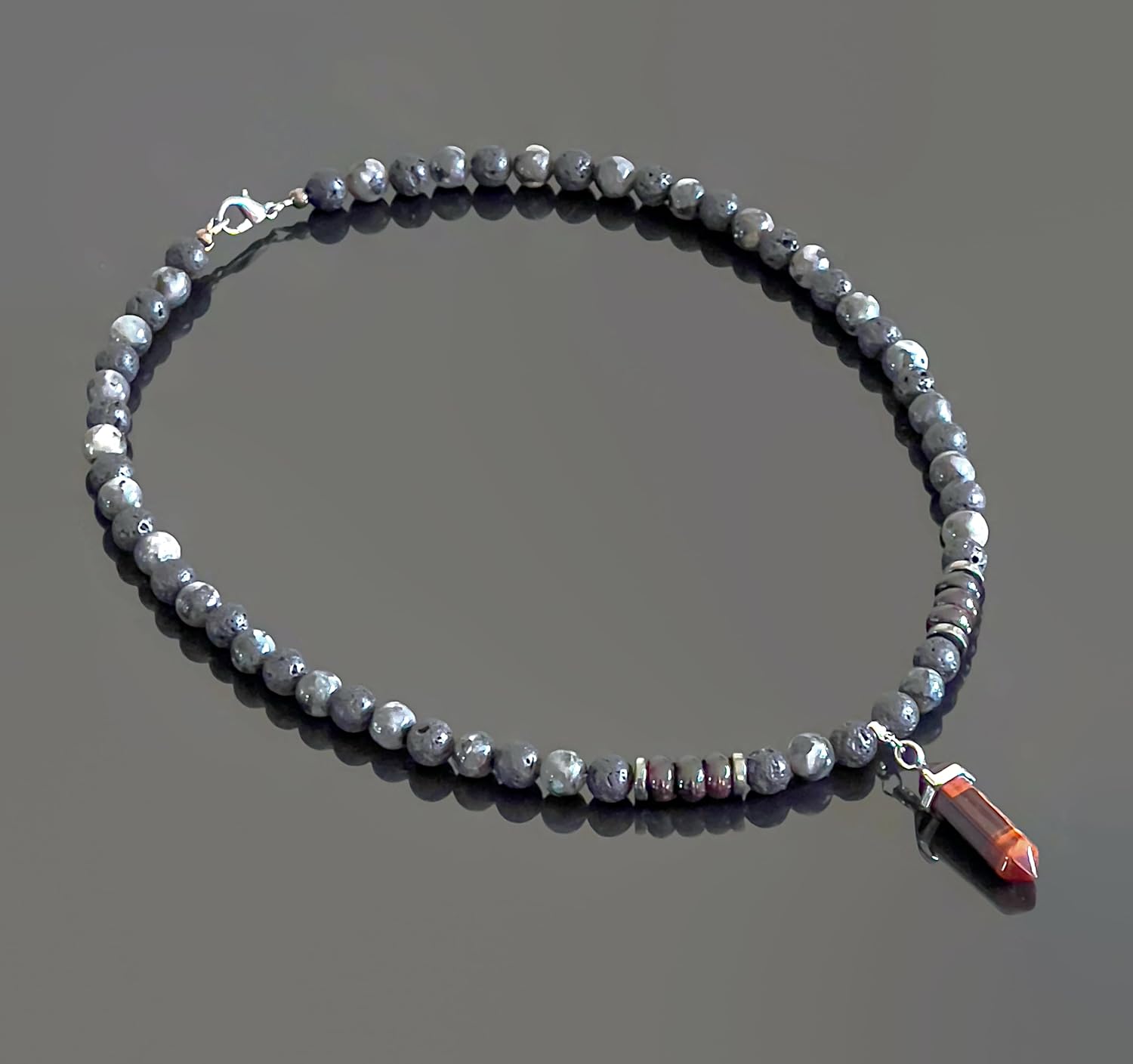 Beaded Choker Pendant Necklace January Birthstone Mens Necklace with Natural Gemstone Garnet Labradorite Black Lava Red Tiger Eye Handmade Jewelry - about 21 inches long - Image 2