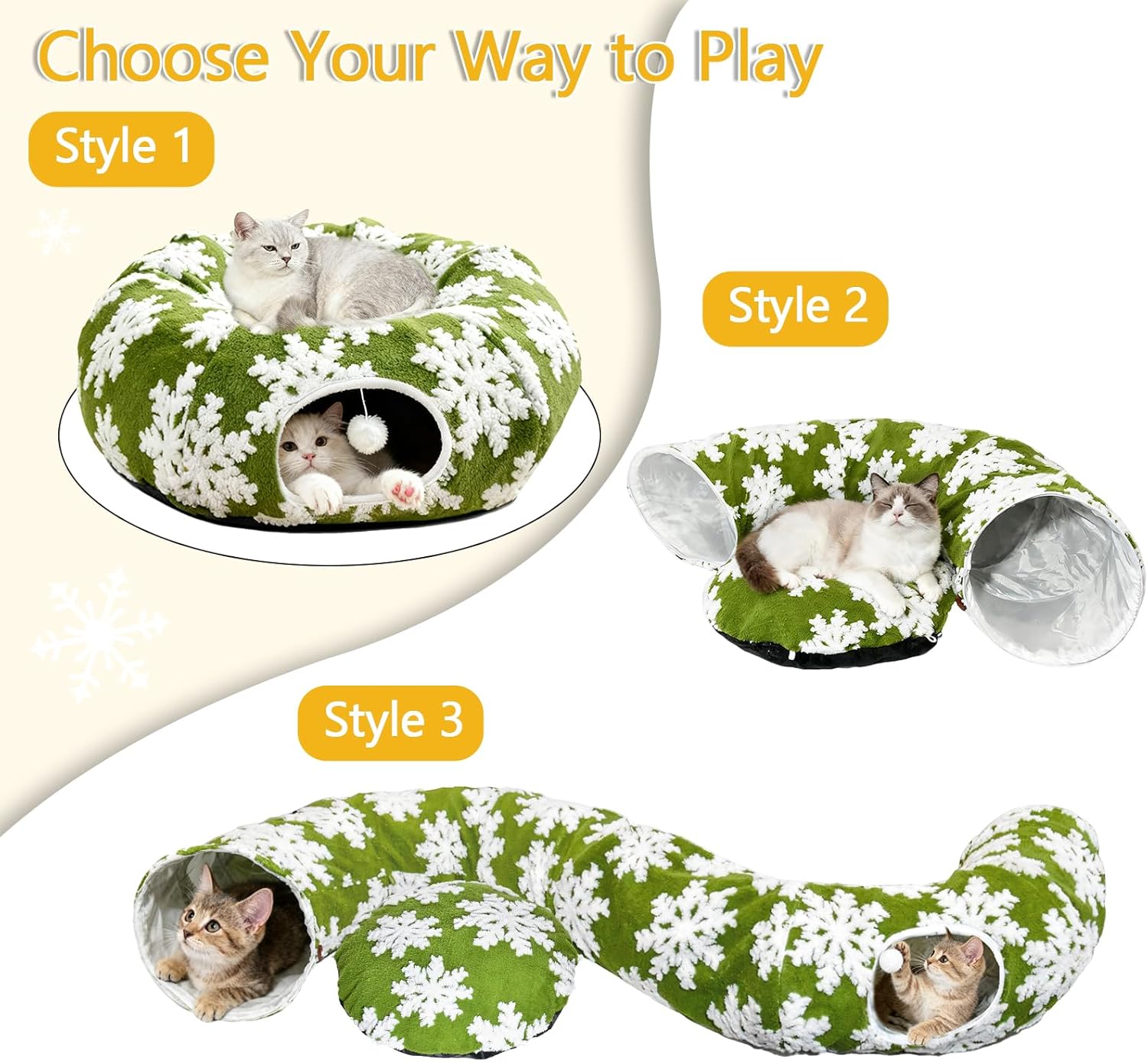 Cat Tunnel with Cat Bed for Indoor Cats - Soft Plush Donut Tunnel Bed with Snowflake Design & Washable Anti-Slip Mat, Multifunctional Playground Toys for Cats, Kittens & Small Pets.(Green)