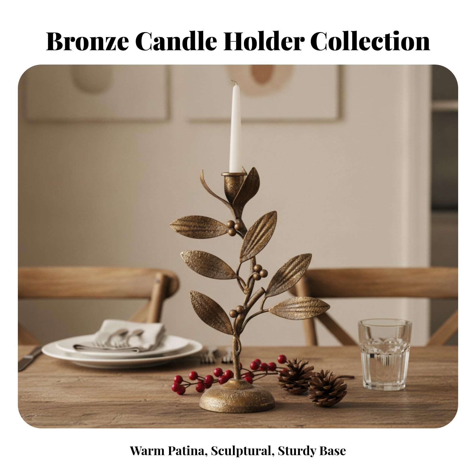 Colcolo Rustikal Kerzenhalter mit AST-Design | Schwerer runder Standfuß, Kerzenständer mit Astform, Botanisch, Kerzenständer Metallschale, für Esstisch, Kamin, L