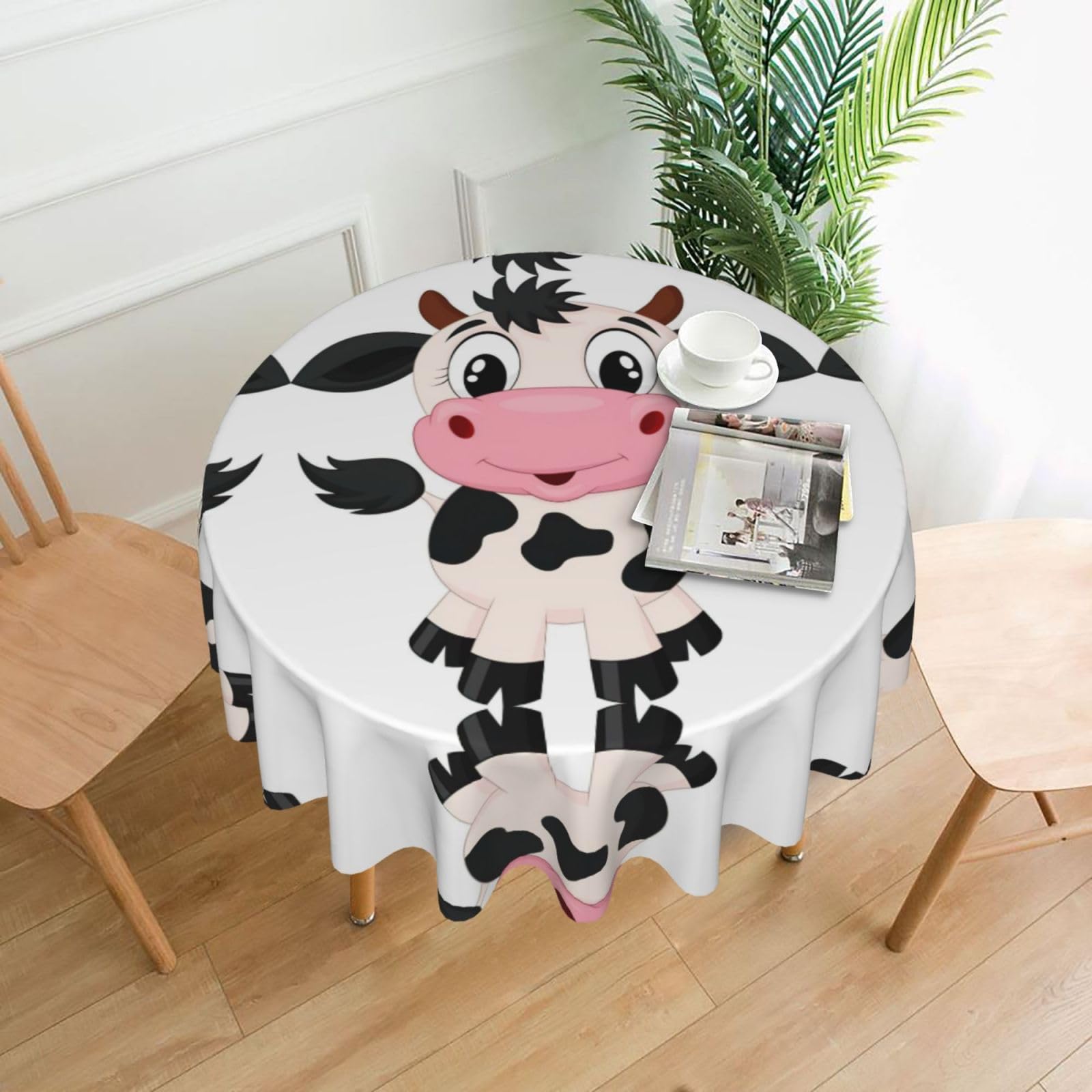 Zcmkjlg Cartoon Milk Cow Print Quick Ship Round Tablecloth 60in Polyester Washable Cover for Dining Room