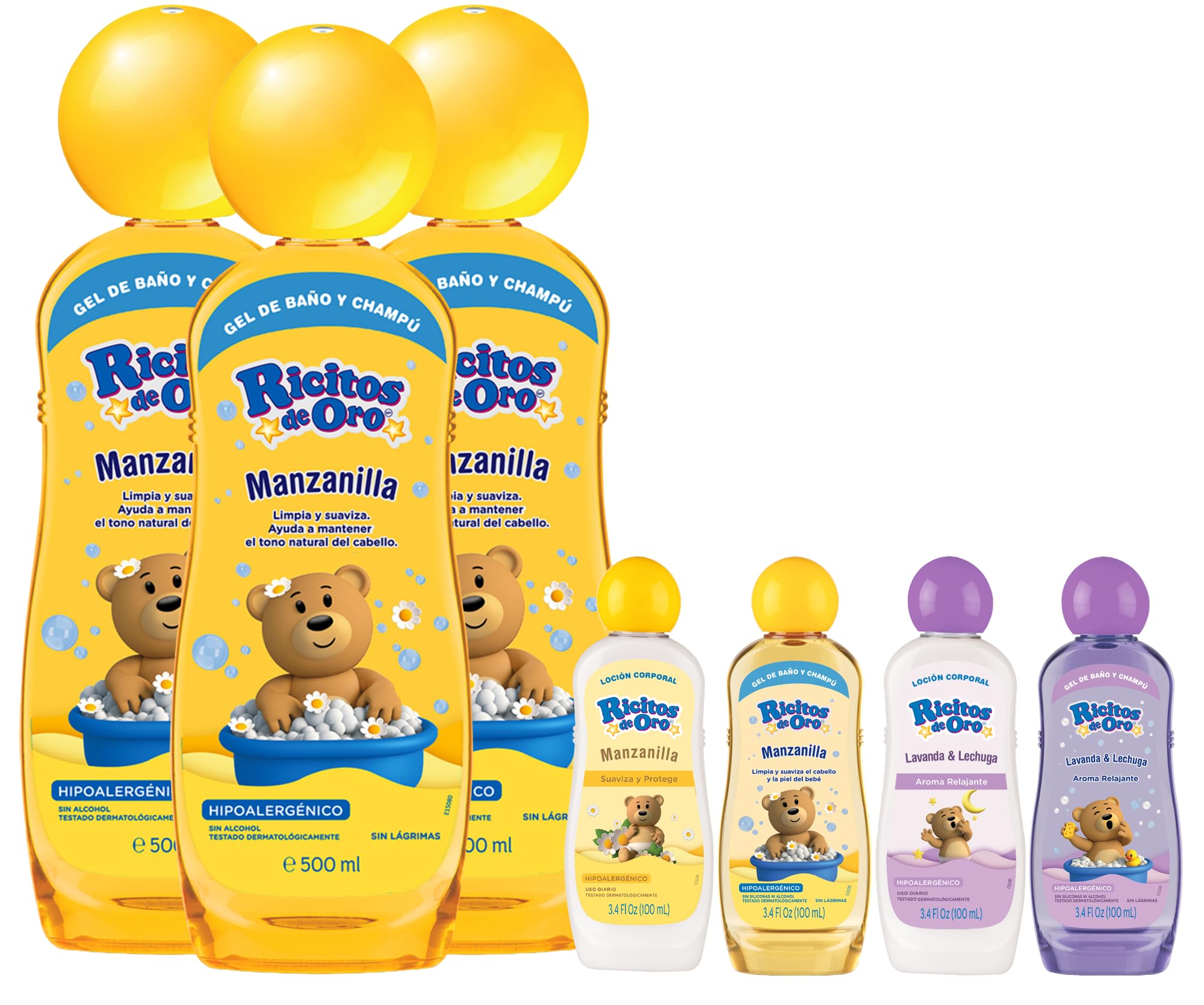 Pack Ricitos de Oro Manzanilla 3 und Gel-champú 2en1 500 ml + REGALO 4 minitallas viaje 100 ml