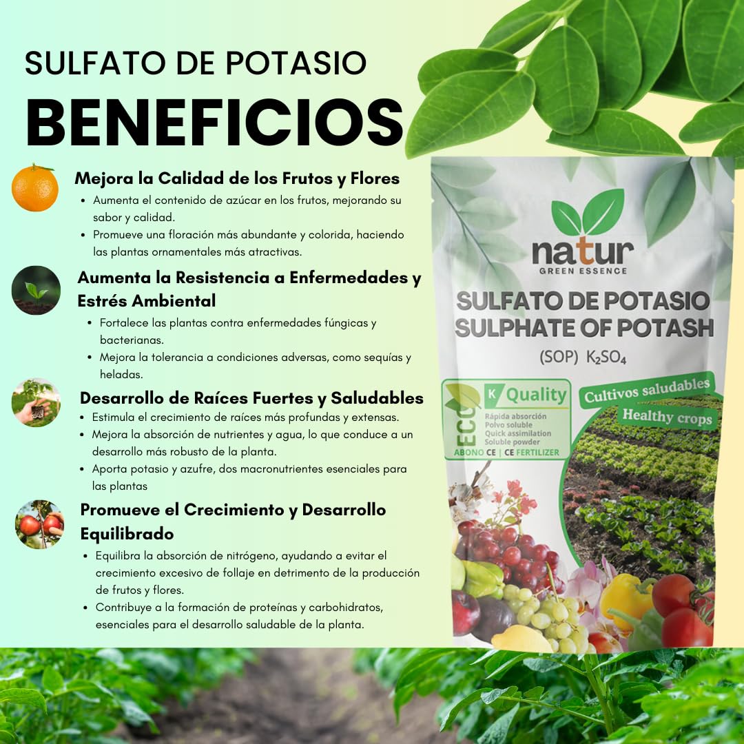 Sulfato Potásico para Jardín y Huerto - Fertilizante de Potásio y Azufre para todo tipo de Plantas Mejora Crecimiento y Producción, Nutriente esencial 1KG