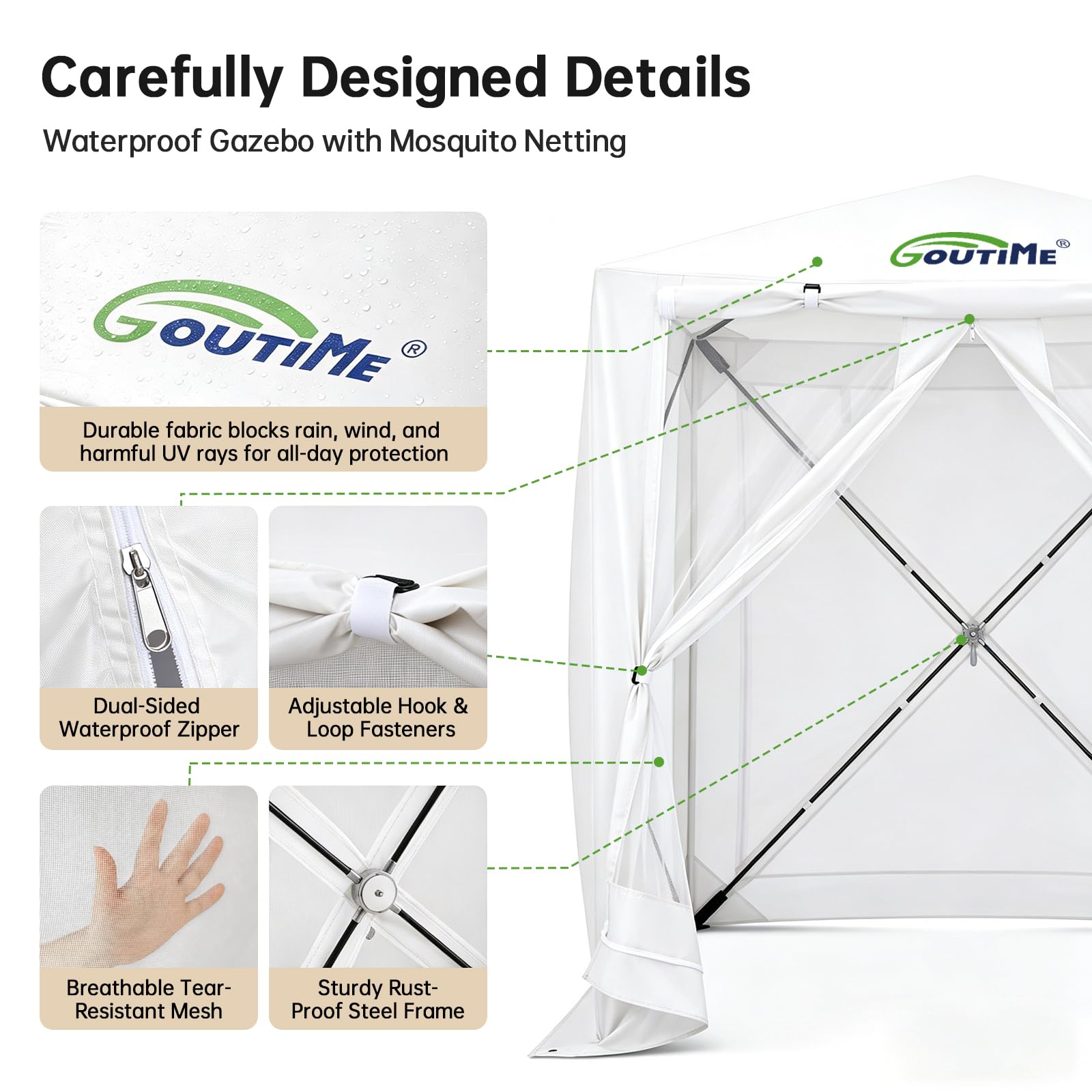 Goutime Tonnelle Pliante 150x150x190 cm, Protection 2-en-1 Contre Insectes | Imperméable avec protection solaire, tente de jardin pour camping et terrasse extérieure (Blanc)