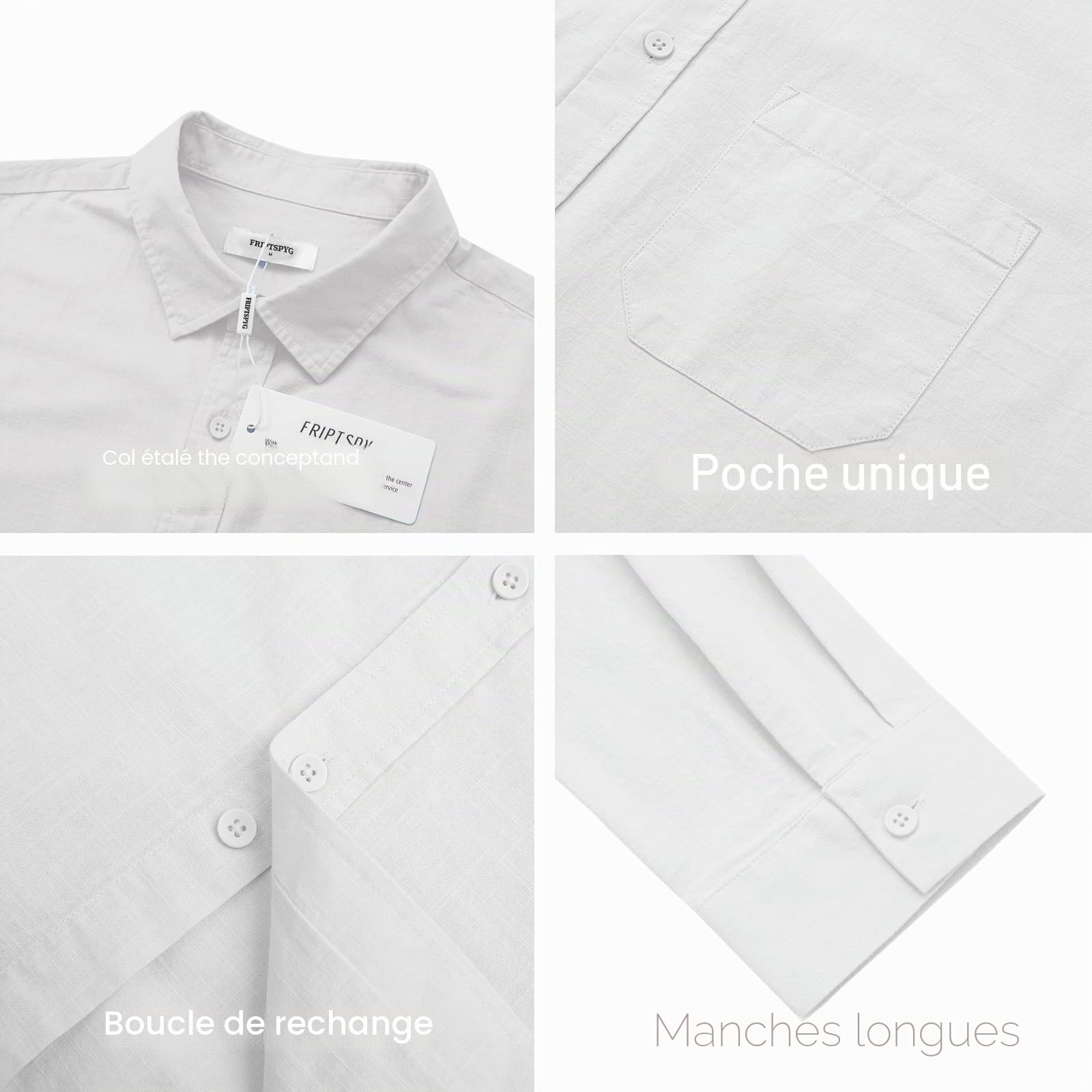 Friptspyg Hommes Chemise Lin Coton Manches Longues Bouton Bas Coupe Regular Casual Chemise de Plage Regular Fit Chemises L'été avec Poche