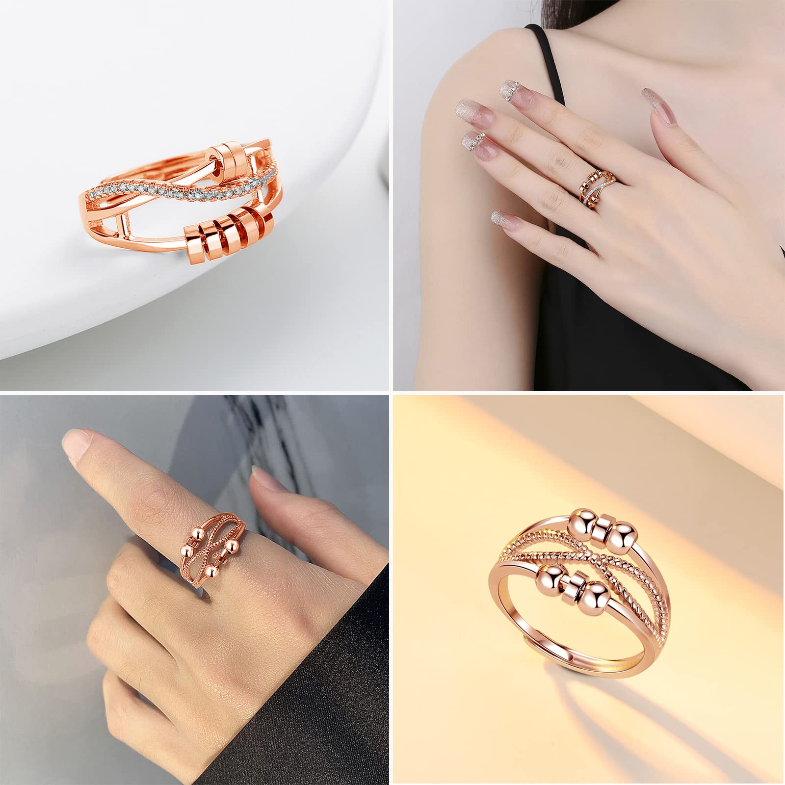 Silber Anxiety Rings, 2PCS 925 Sterling Silber Damen Angst Rings Set, Offen Einstellbar Anti Stress Ring, Unisex Unendlichkeit Silber Spinner Fidget Ringe Dekompressionsringe mit 6 / 7Perlen