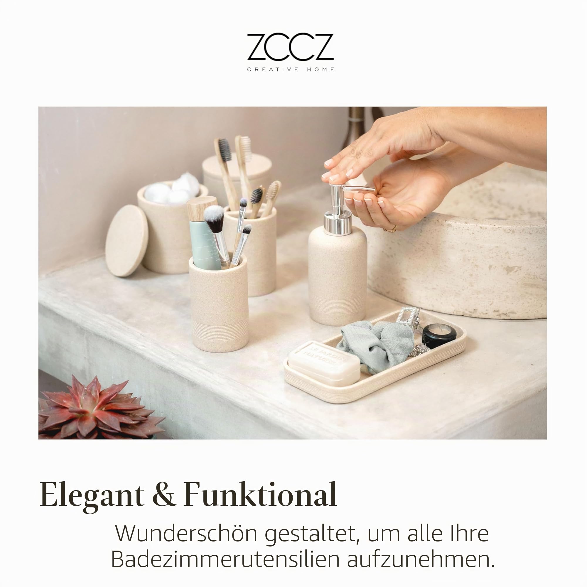 ZCCZ Badezimmer Set – 6 Teile – Badezimmer Organizer mit Zahnbürstenhalter, Seifenspender, Seifenschale, für Kosmetik u. Wattestäbchen – Edle Badezimmer Deko in Marmor-Optik, Sandfarben