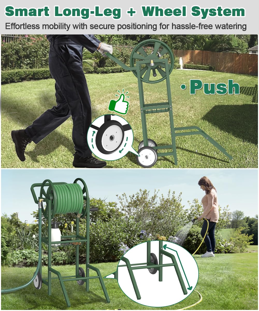 Artigarden Carrello avvolgitubo con 2 ruote, supporto per tubo dell'acqua da giardino, resistente in acciaio verniciato a polvere, per esterni, contiene tubi da 38,1 m 5/8" con cestino e tubo da 1,2 m