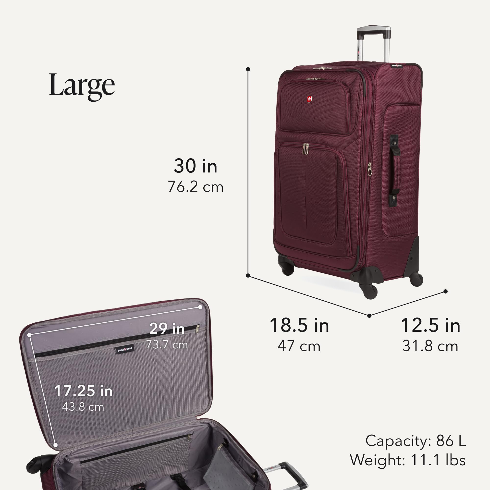 SWISSGEAR Sion Softside Expandable Spinner Luggage Durable Lightweight Travel Suitcase, Merlot, 3-Piece Set (Carry-On/Medium/Large) view 4