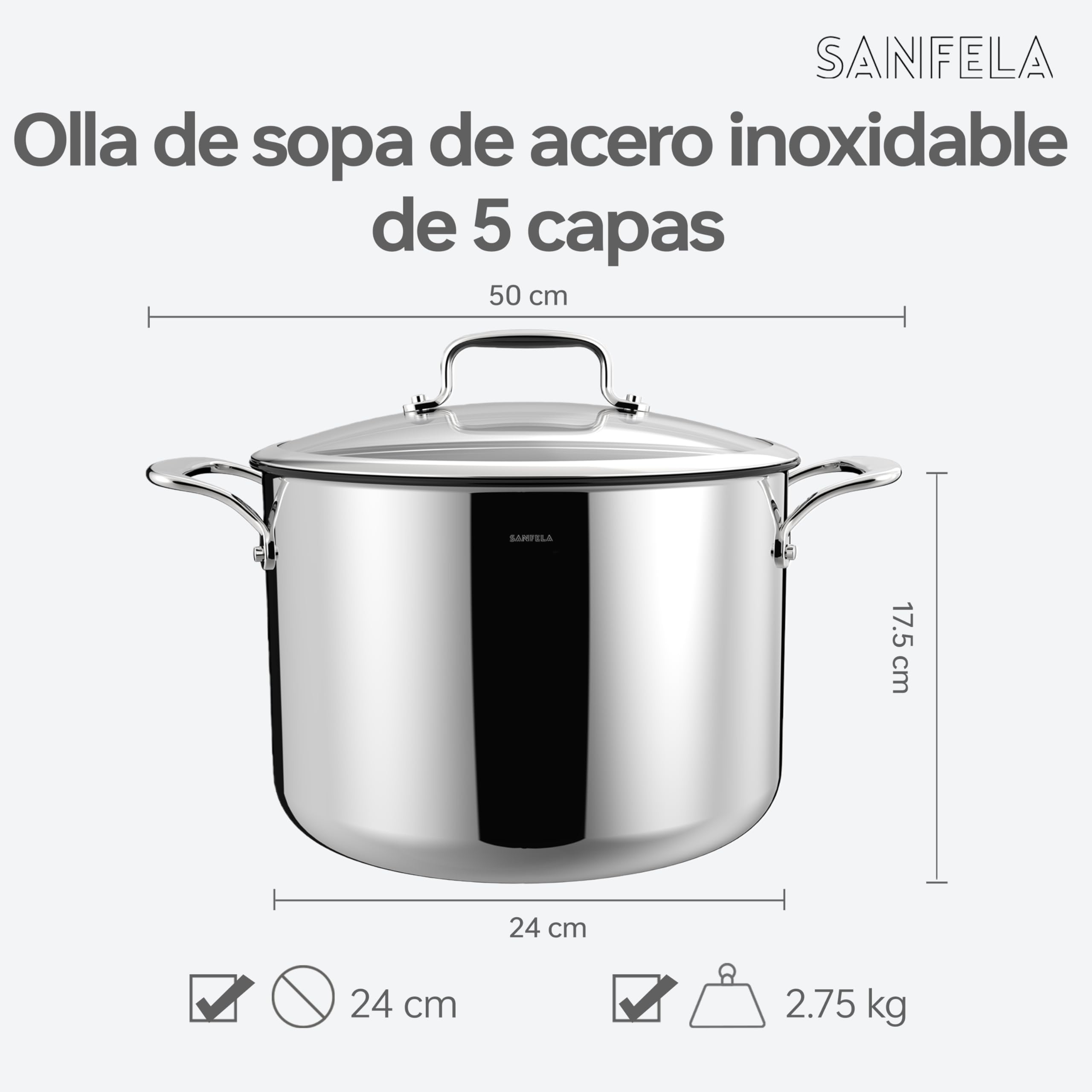 Olla de acero inoxidable SANFELA de 8 l/24 cm con tapa de cristal, utensilios de cocina de acero inoxidable de 5 capas, compatible con inducción