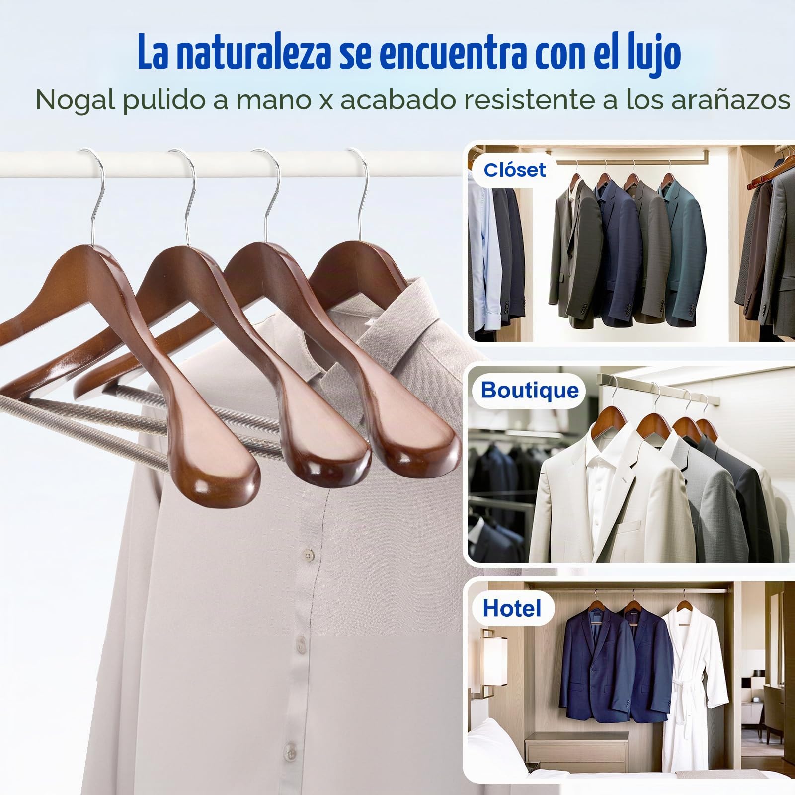 HOUSE DAY Perchas de madera con hombros anchos, perchas para trajes con barra antideslizante para pantalones, acabado suave, gancho giratorio de 360°, perchas de madera maciza para vestidos, chaquetas
