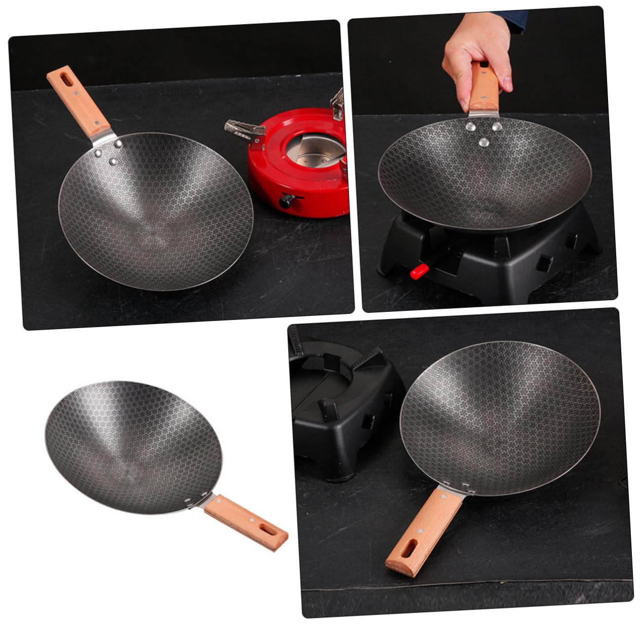 Padella Wok in con Manico in Legno Antiaderente e Resistente al per e Bbq per Saltare Friggere e Cuocere al Vapore