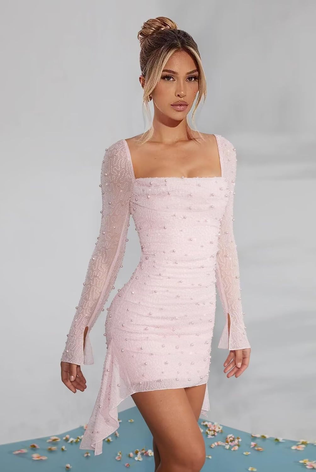 Sparkly Pearls Sequin Long Sleeve Homecoming Dresses for Teens Cowl Neck Cocktail Party Gown with Tail BSXW22 - Image 2