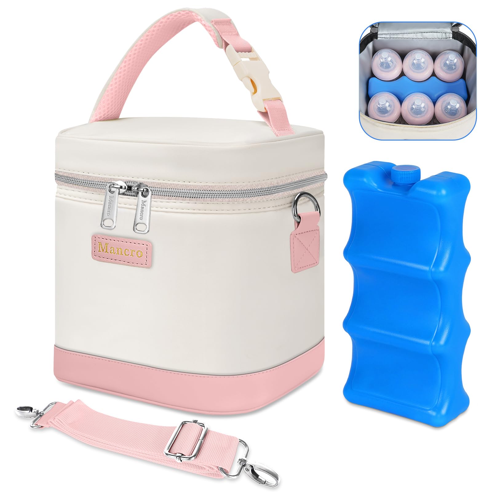 Mancro Breastmilk Cooler Bag, Fits 6 Insulated Baby Bottles Up to 9 Ounce, Breast Milk Cooler for Nursing Mom (Pink Beig