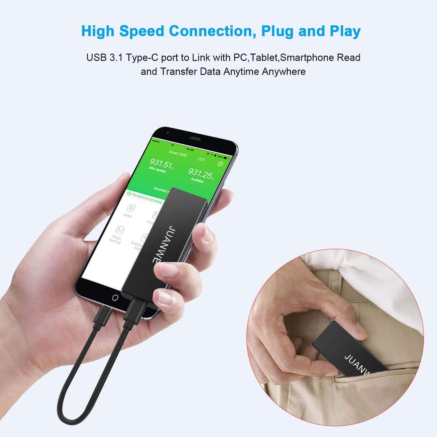 Hot Deals JUANWE 250GB External SSD, USB 3.1 500MB/s High-Speed Read Write Portable Aluminum SSD External Hard Drive, Type-C PSSD for PC/Laptop/Mac/Android,Mobile External Solid State Drive