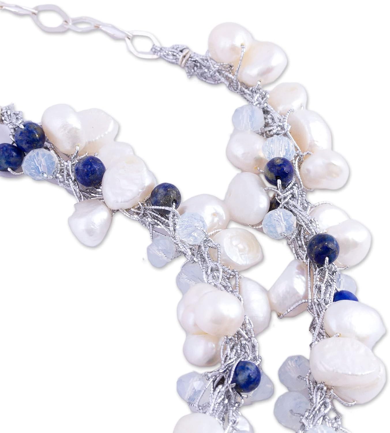 NOVICA Artisan Handmade Cultured Pearl Lapis Lazuli Jewelry Set Multi Gemstone Necklace Earring from Mexico Sterling Silver Crystal Multigem Blue White Multicolor Pendant Beaded Floral Birthstone [ne]