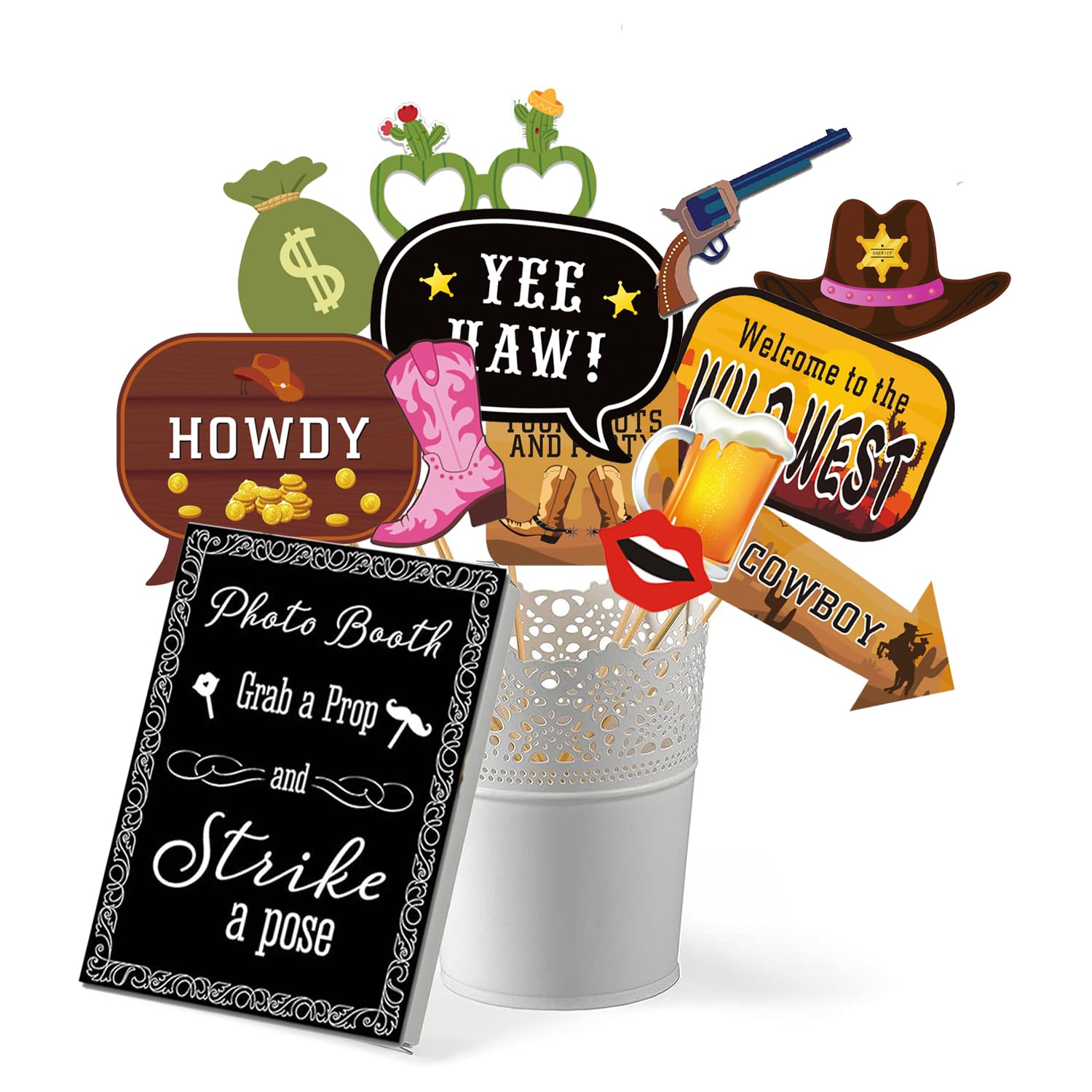 33pcs Western Cowboy Cowgirl Photo Booth Props, Wild West Themed Party Decoration, Texas Theme Props with Wanted Sign for Country Party, Cowgirl Bachelorette Party, Rustic Party, Cowboy Party Supplies