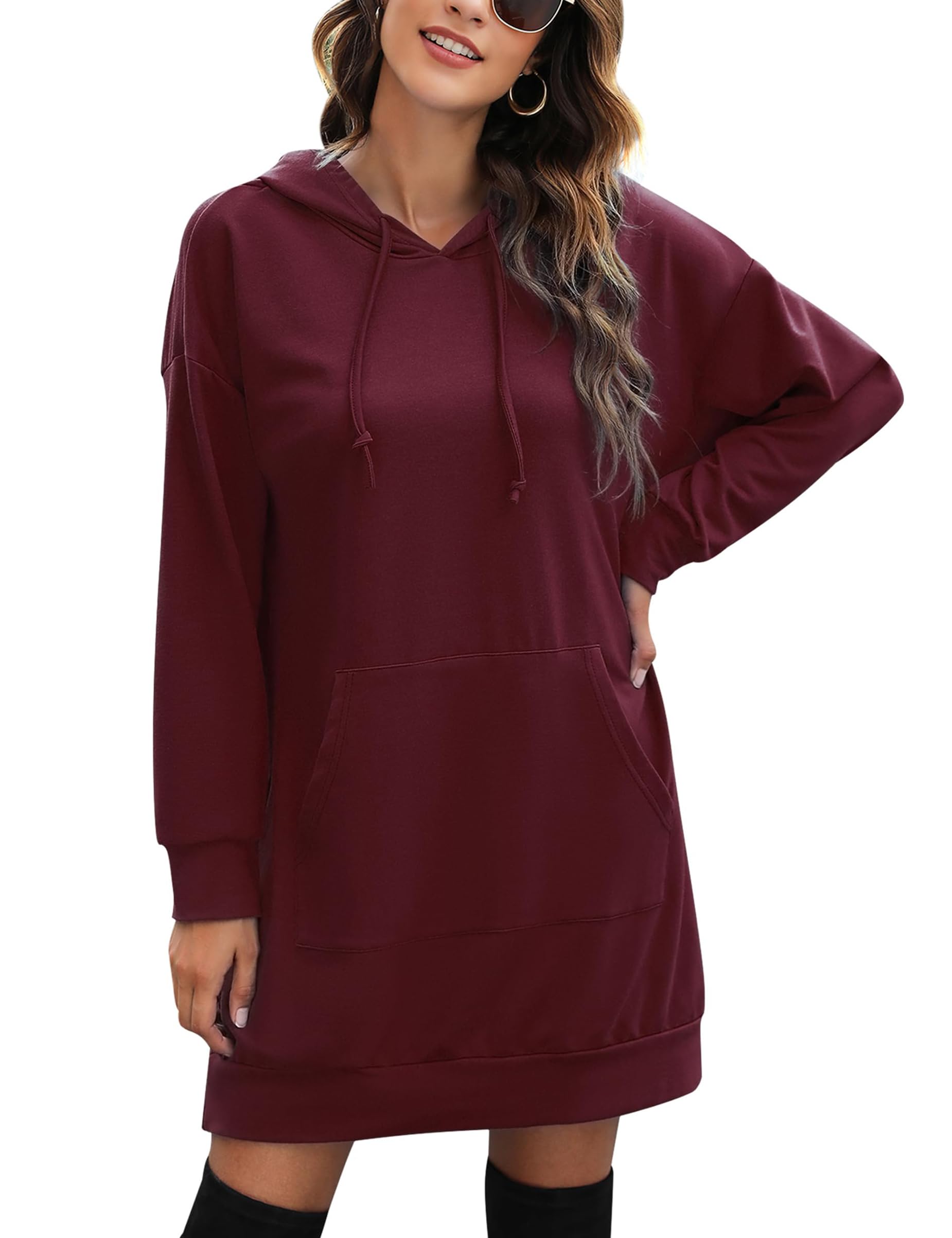 Litherday Damen Hoodie Lang Sweatshirts mit Kapuze Langarm Kapuzenpullover Kleid Sweatkleid Casual Minikleid mit Taschen