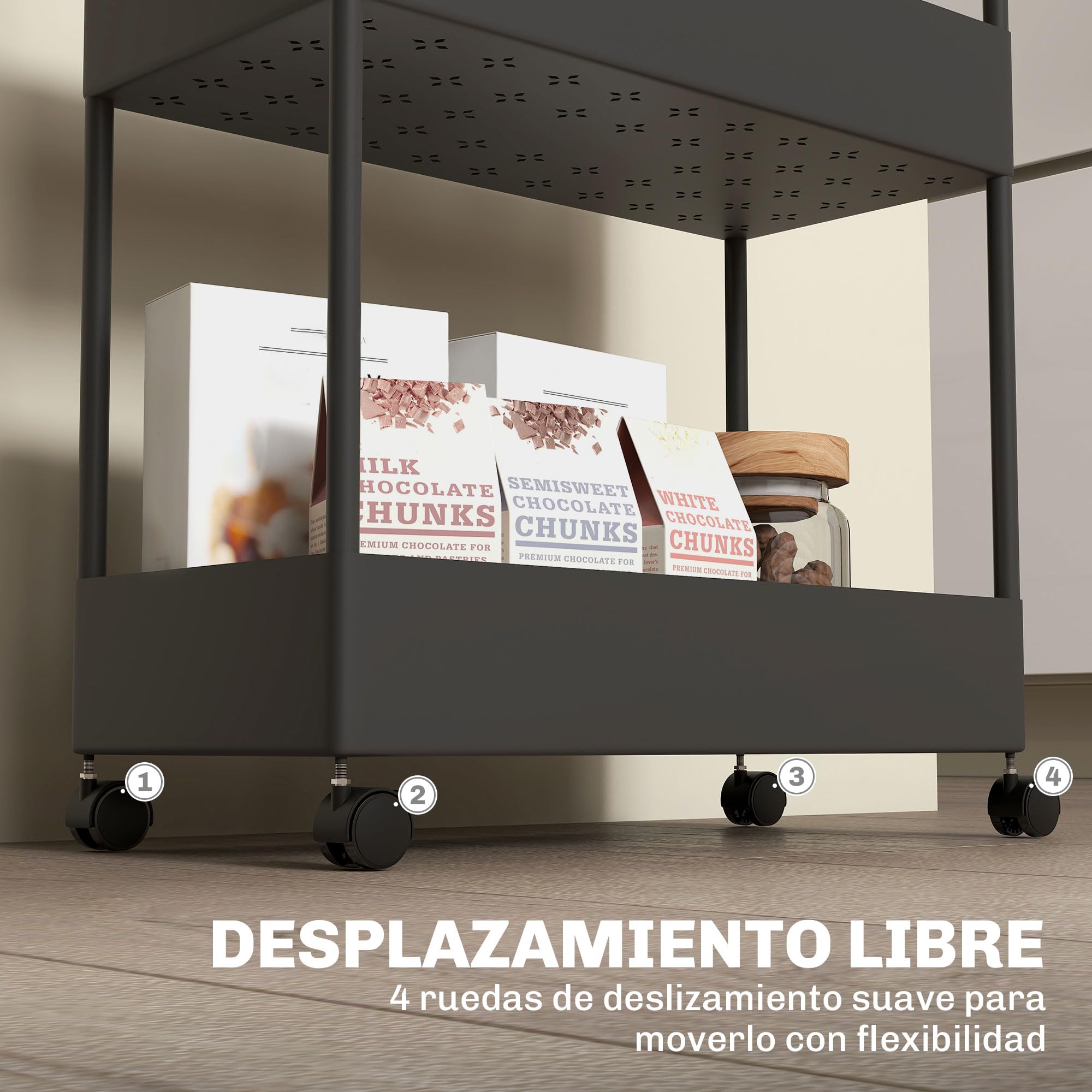 HOMCOM Carro de Cocina de Almacenamiento Delgado de 4 Niveles Carrito Auxiliar con Ruedas 4 Cestas y 4 Ganchos Extraíbles Carrito de Cocina para Comedor Baño Salón 40x19x90 cm Negro