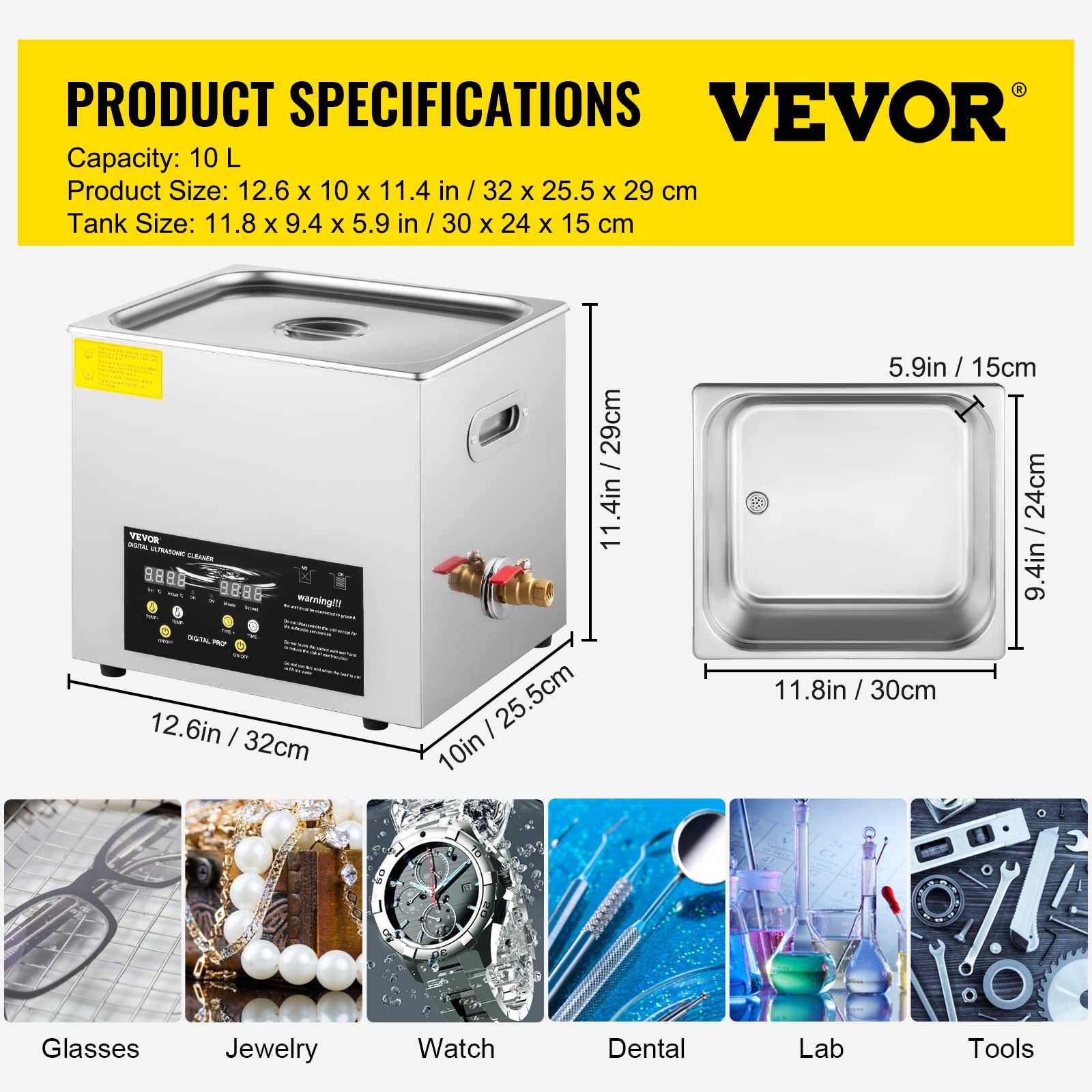 VEVOR Nettoyeur à Ultrasons Numérique 10 L, Chauffage 400 W, Ultrasons 240 W, Bac Ultrasons avec Chauffage et Minuterie, Appareil de Nettoyage Ultrasonique en Inox, pour Bijoux Lunettes Montres