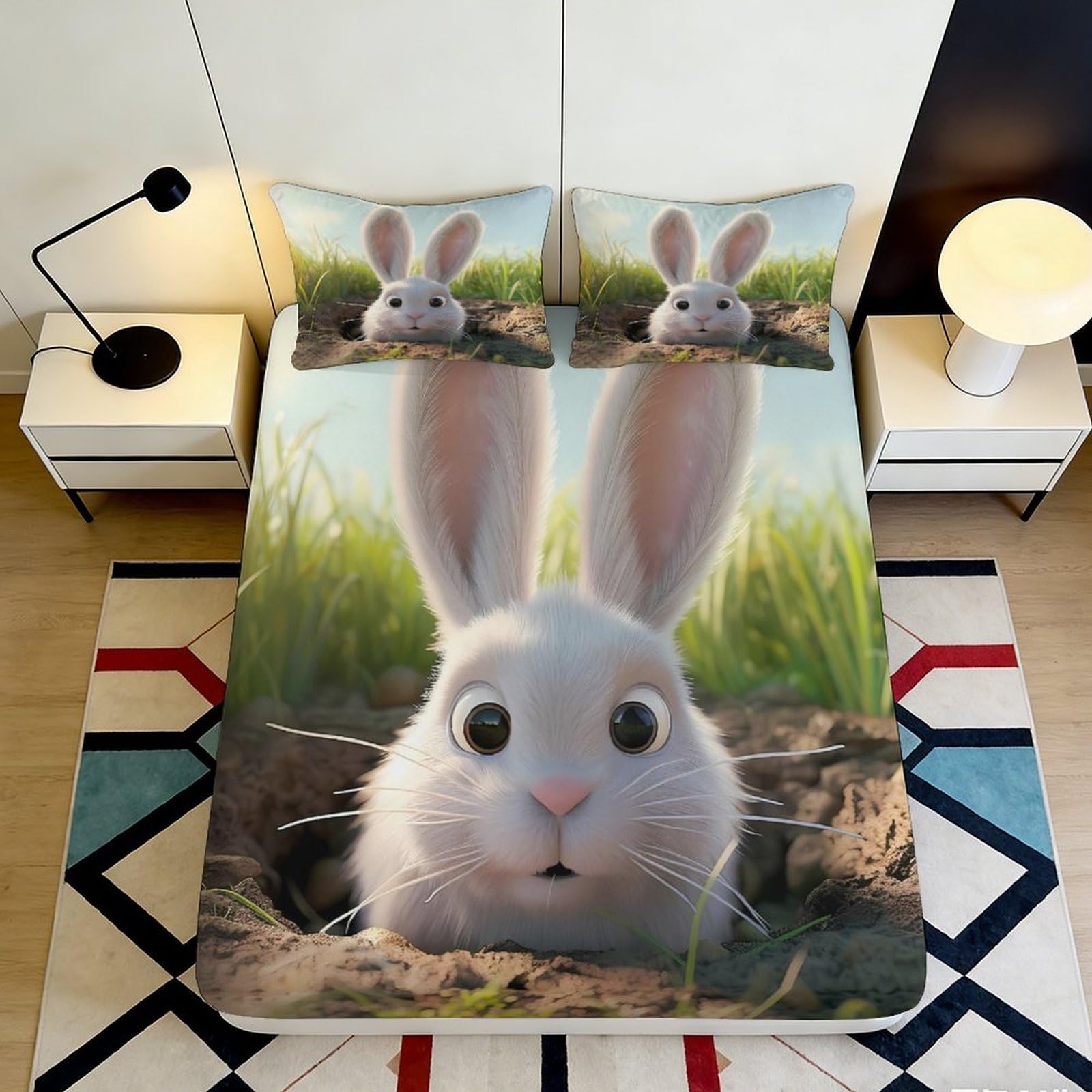 3D Printed Rabbit Meadow Fitted Sheet Microfiber Soft Anti-Slip Bunny Bed Cover for Bedroom Guest Room Decor 90x200x25cm