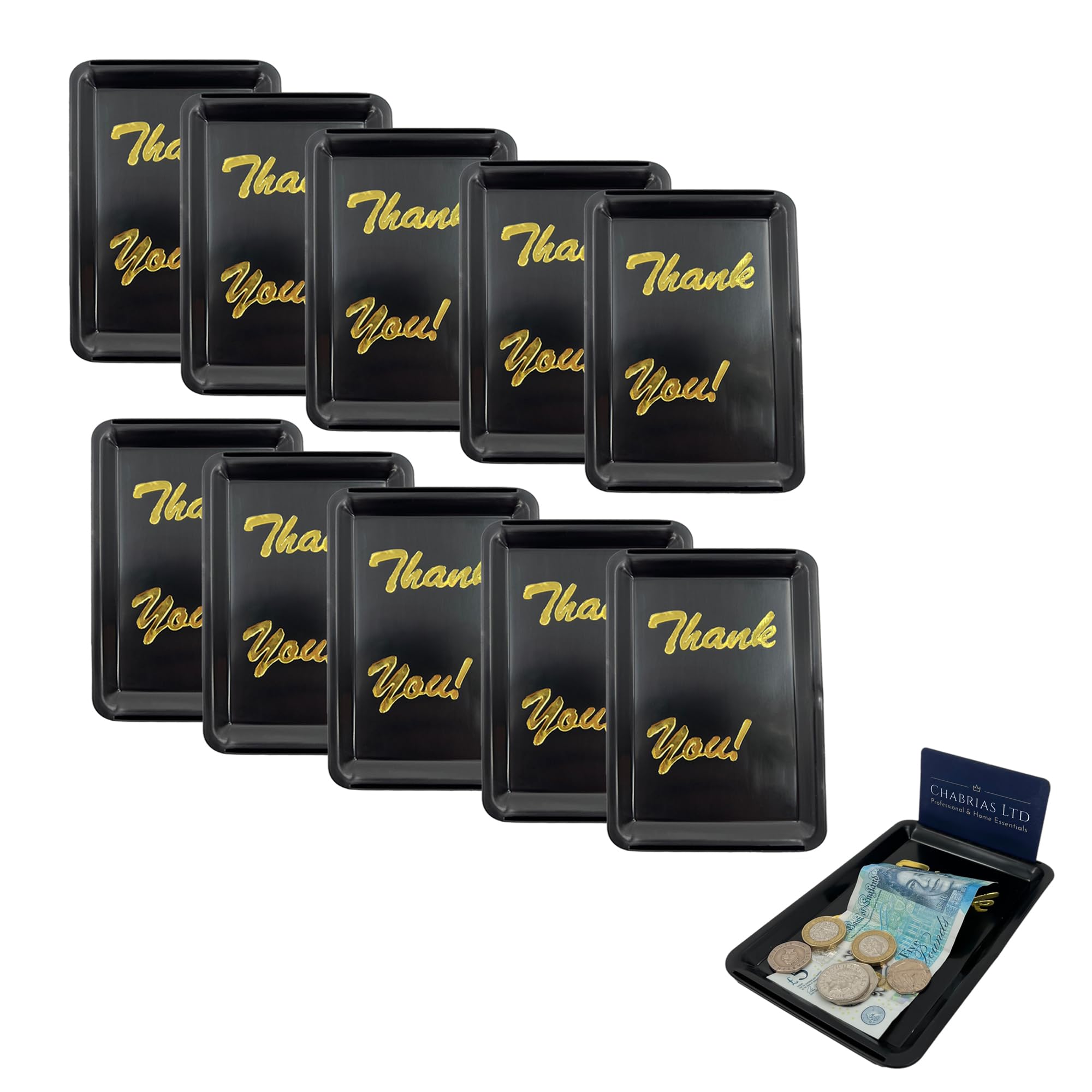 Chabrias Ltd Pack of 10 Plastic Rectangle Tip Trays - Professional Bill Presenter for Bars, Restaurants, and Hotels (Black (Thank You))