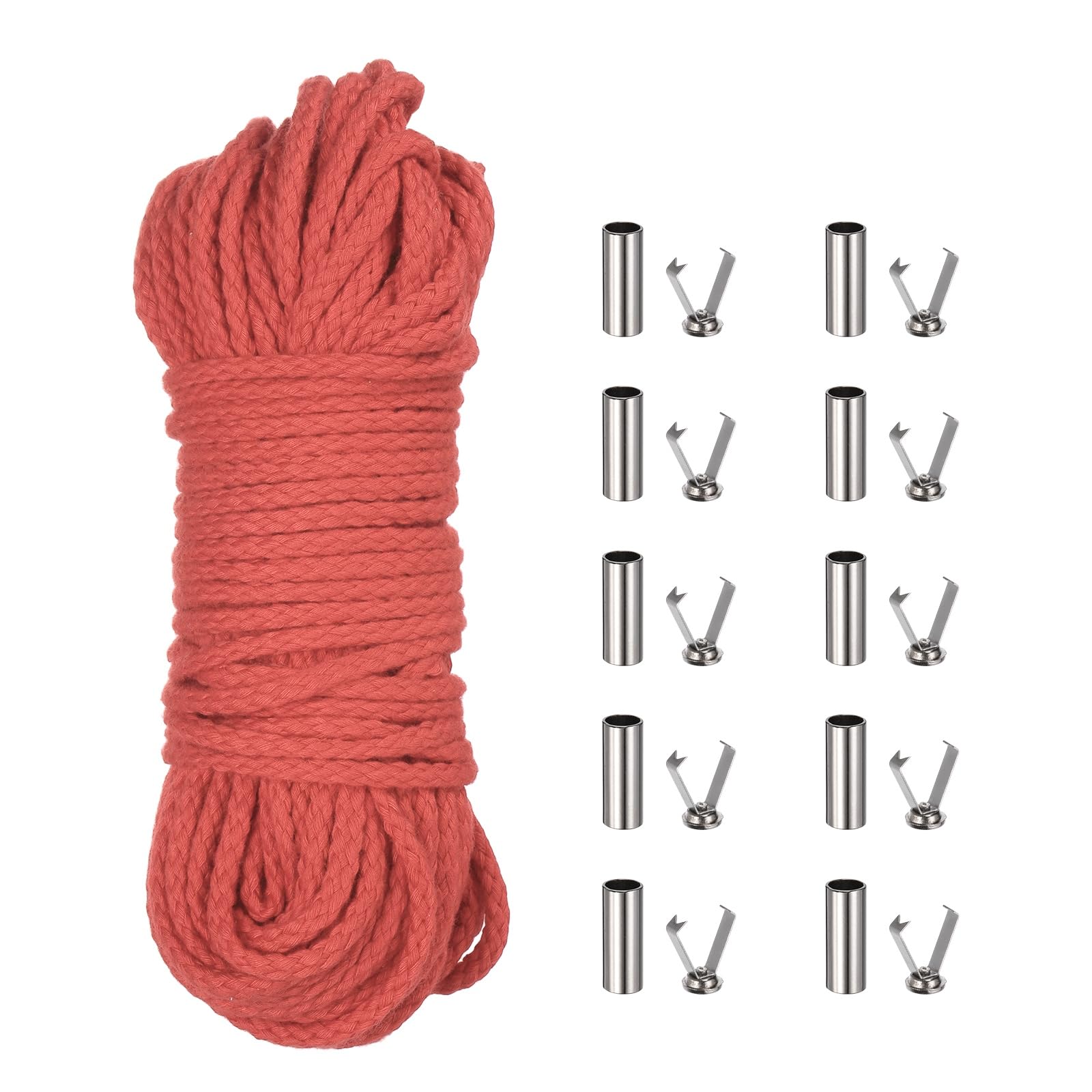 sourcing map Braided Macrame Cord, 3/16" x 164ft 8 Strand Cotton Rope Braided String with Cord End Caps for Drawstring, Plant Hanger Wall Hanging, Dream Catcher Crafts, Watermelon Red
