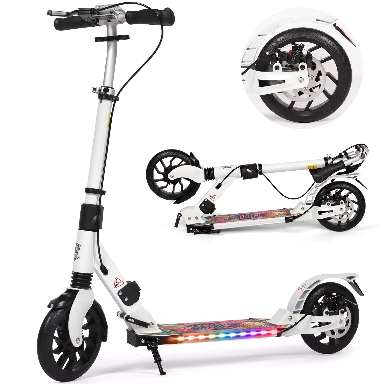 Kick Scooter for Kids Ages 8-12 with Light-Up Deck, 200mm Big Wheels Foldable Scooter for Teens & Adults, Adult Scooters with Disc Brakes, Scooters with 4-Height Adjustable Handlebar and Carry Strap