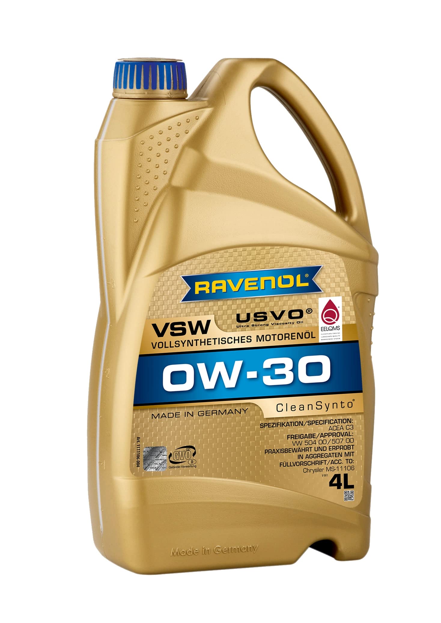 RAVENOL Aceite de motor 0W-30 VSW Aceite sintetico ACEA C3 4L Compatible con VW Polo V Hatchback 6R1, 6C1 up! Hatchback 121, 122, BL1, BL2, BL3, 123 Golf 7 Hatchback 5G1, BQ1, BE1, BE2, SKODA