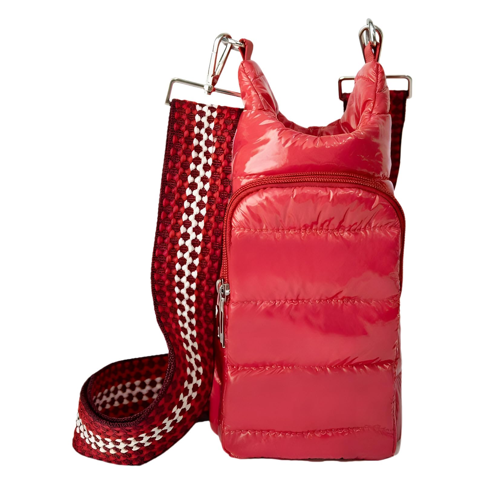 Crossbody-Wasserflaschenhalter, Rot, 18 x 29 cm, Daunen mit Baumwolle gepolstert, verstellbarer breiter Riemen, Vordertasche, für Reisen und Wandern
