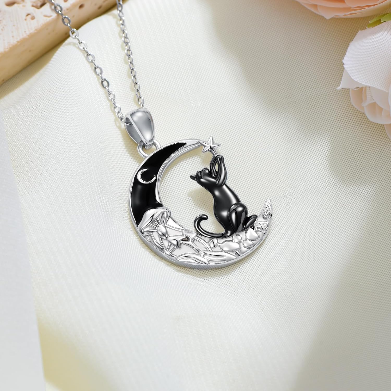 KiiKii Gothic Necklace 925 Sterling Silver Cat/Fox/Bat/Phoenix/Highland Cow Pendant Crescent Moon Mushroom Necklace Animal Jewelry Gifts for Women - Image 3