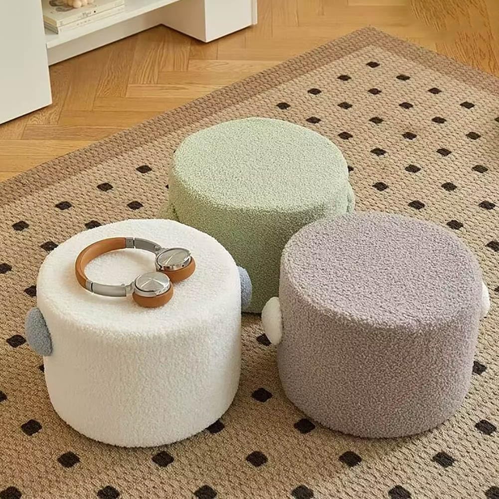 ラージ グリーン ラウンド フェイクファー オットマンシート - 取り外し可能 &amp; 洗濯可能 フットレスト リビングルーム