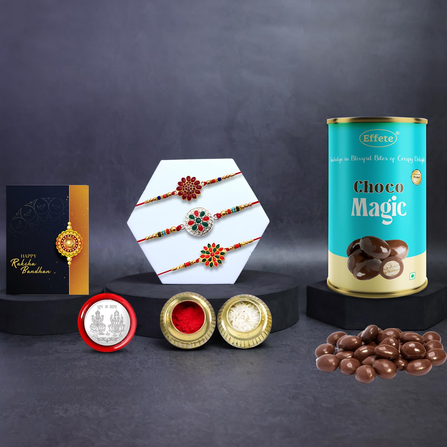 DeoDap Chocolate with Rakhi Set for Brother – Round Shape Mix Design with Multicolor Mina Rakhi 3 Pcs with Choco Magic (96 GM) – Silver Color Pooja Coin & Greeting Card, Raksha Bandhan Combo for Bhai-image-23