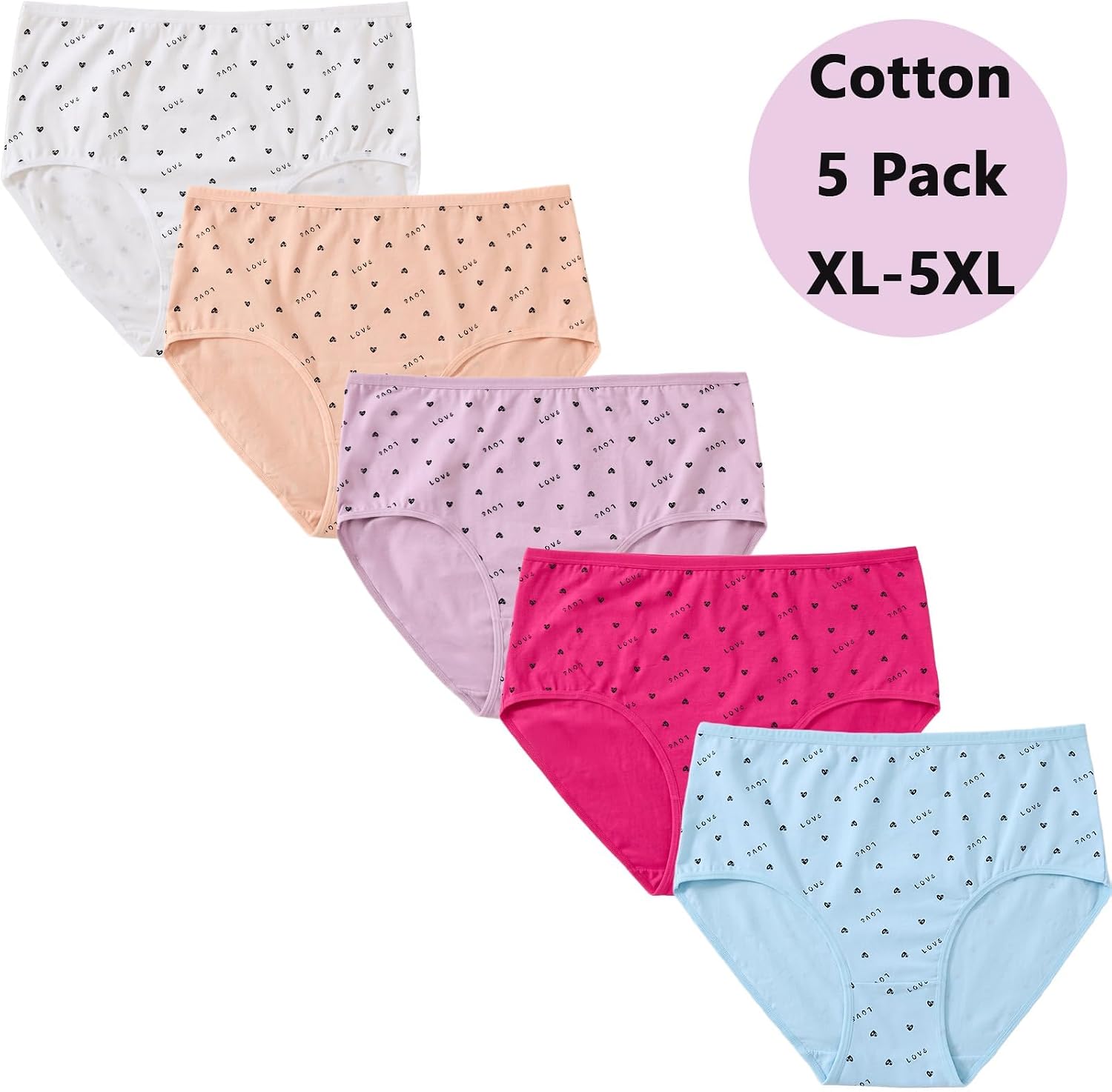 Womens Underwear Cotton Panties Plus Size XL-5XL Ladies Stretch Briefs for Women 5 Pack Love Heart Print Undies