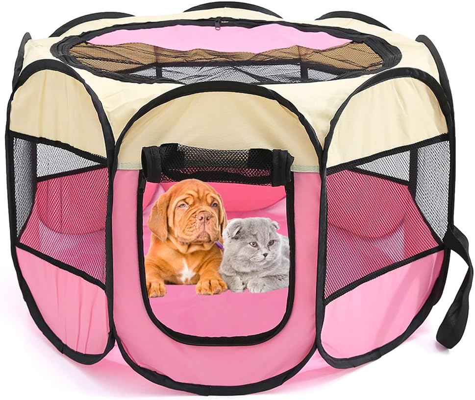 Xiaoyu Portable Pet Playpen Cage, Indoor/Outdoor Dog Crate, Suitable for Dogs/Cats/Small Animals, Beige-Pink, M