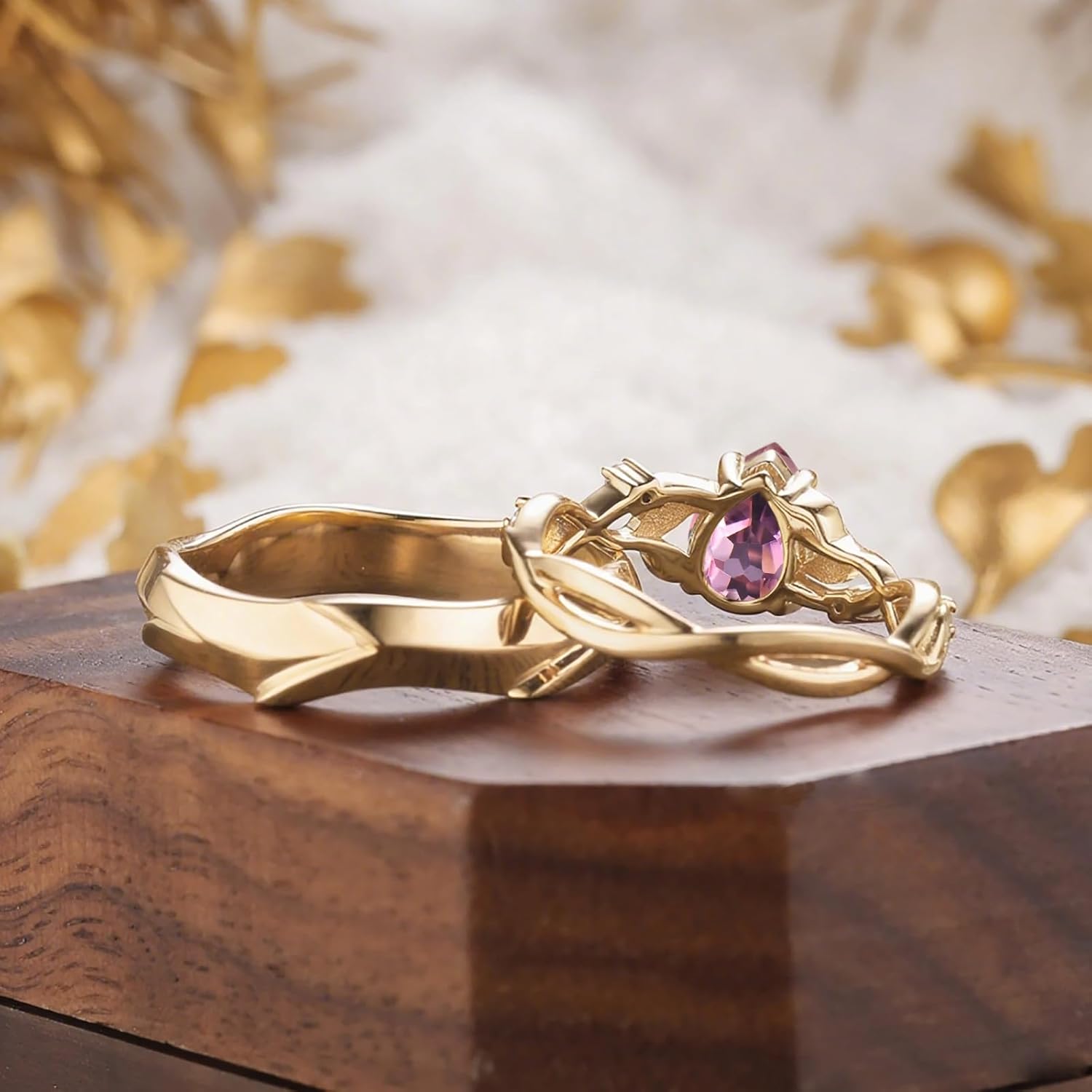 10K 14K 18K Gold 2.0ct Pear Gemstone Engagement Rings for Couples Nature Inspired Birthstone Leaf Vine Promise Anniversary wedding Jewelry for his and hers Bridal Set Size 4~15 - Image 3