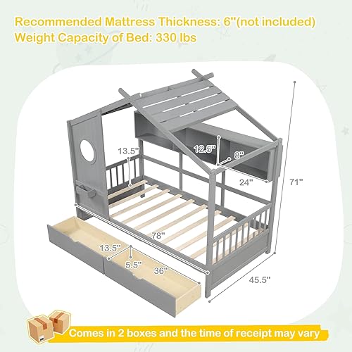 Miniatura 33 de KOMFOTT Cama individual con nido, marco de cama de plataforma de madera maciza, cama para niños con techo para niñas y niños, no necesita somier,