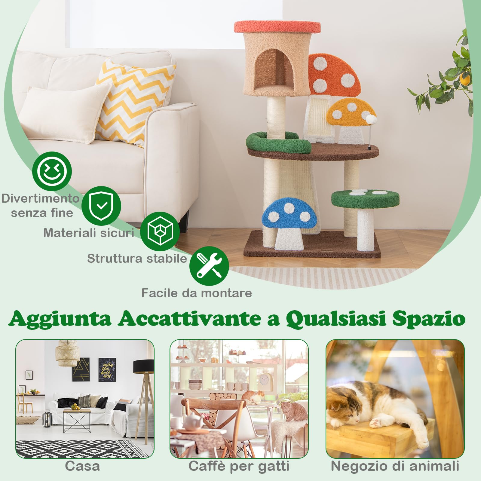 GYMAX Albero Tiragraffi per Gatti a Forma di Fungo, Centro Attività per Gattini (59 x 48 x 102 cm)